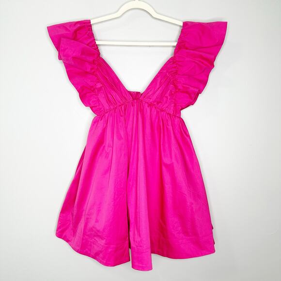 For Love & Lemons Clementine Poplin Babydoll Mini Dress Ruffle Cap Sleeve Pink M - Picture 4 of 13